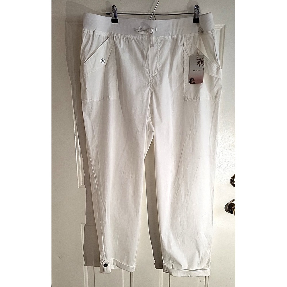 NWT Palm Rio White Cotton Capri Pull-On Pants Women's‎ XL Drawstring 4 Pockets